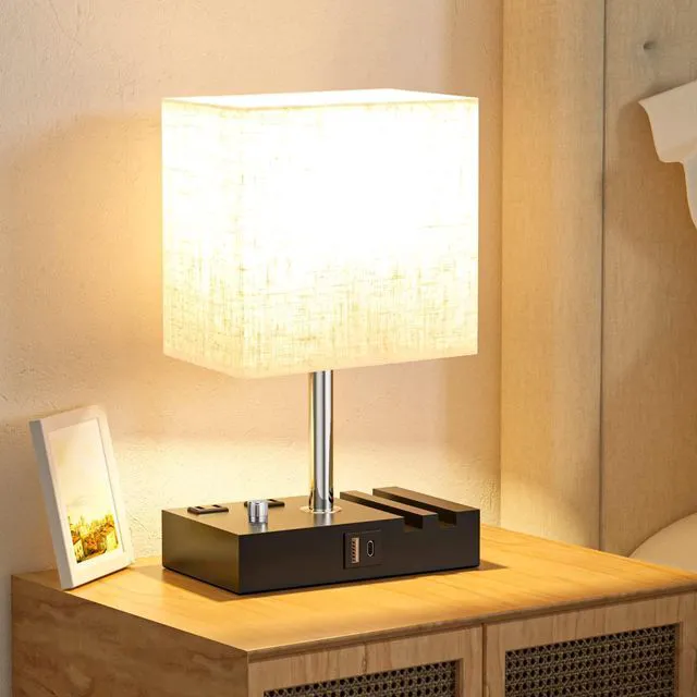Alt view image 5 of 7 - Beige Bedside Table Lamps Set of 2 - Dimmable, USB C+A, 2 AC Outlets Dimming By Rotary Knob, USB C+A Ports, 2 Phone Stands, LED Bulbs Included, Rectangle Beige Lampshade, for Living Room, Desk
