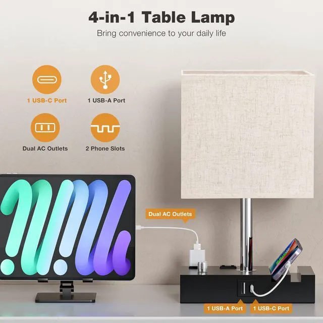 Alt view image 3 of 7 - Beige Bedside Table Lamps Set of 2 - Dimmable, USB C+A, 2 AC Outlets Dimming By Rotary Knob, USB C+A Ports, 2 Phone Stands, LED Bulbs Included, Rectangle Beige Lampshade, for Living Room, Desk