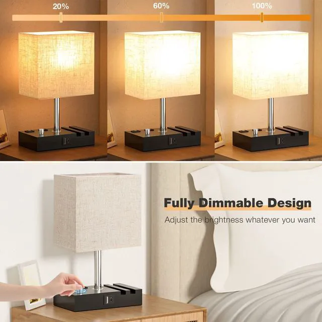 Alt view image 4 of 7 - Beige Bedside Table Lamps Set of 2 - Dimmable, USB C+A, 2 AC Outlets Dimming By Rotary Knob, USB C+A Ports, 2 Phone Stands, LED Bulbs Included, Rectangle Beige Lampshade, for Living Room, Desk