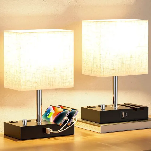 Alt view image 6 of 7 - Beige Bedside Table Lamps Set of 2 - Dimmable, USB C+A, 2 AC Outlets Dimming By Rotary Knob, USB C+A Ports, 2 Phone Stands, LED Bulbs Included, Rectangle Beige Lampshade, for Living Room, Desk