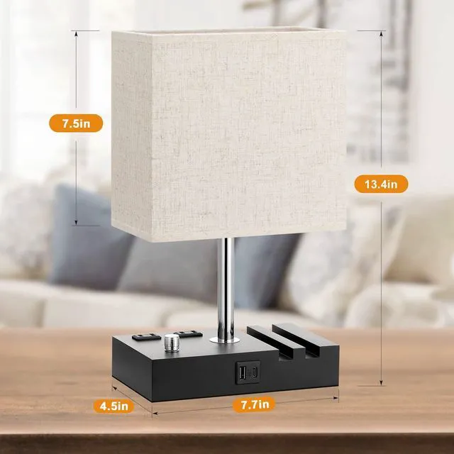 Alt view image 7 of 7 - Beige Bedside Table Lamps Set of 2 - Dimmable, USB C+A, 2 AC Outlets Dimming By Rotary Knob, USB C+A Ports, 2 Phone Stands, LED Bulbs Included, Rectangle Beige Lampshade, for Living Room, Desk