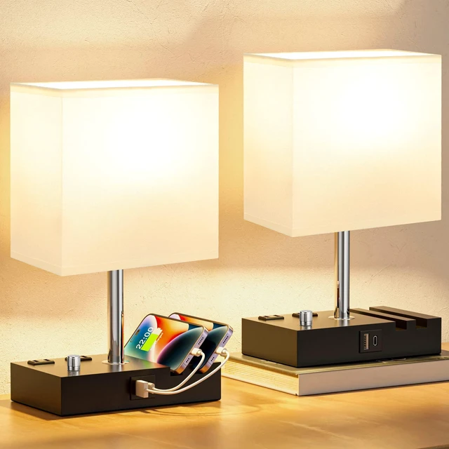 Alt view image 2 of 6 - White Bedside Table Lamps Set of 2 - Dimmable, USB C+A, 2 AC Outlets Dimming By Rotary Knob, USB C+A Ports, 2 Phone Stands, LED Bulbs Included, Rectangle White Lampshade, for Living Room, Desk