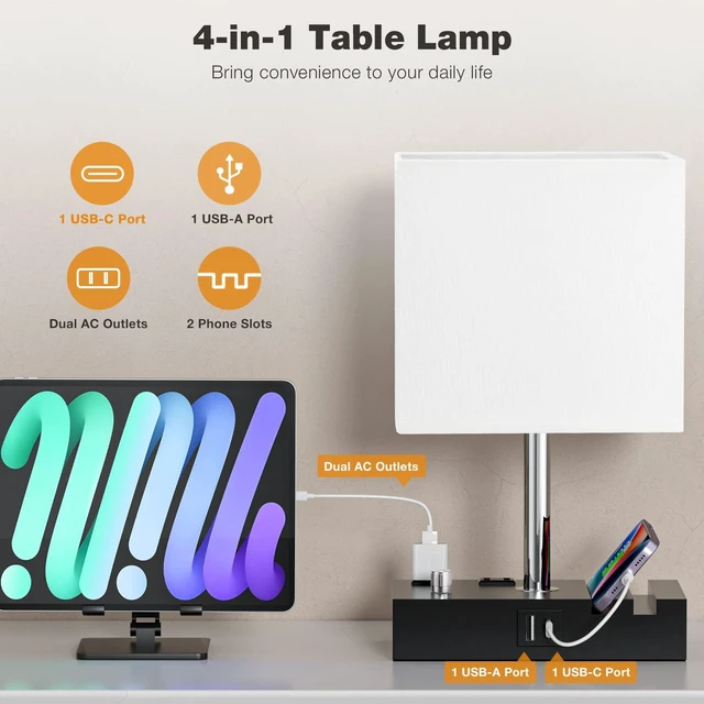 Alt view image 3 of 6 - White Bedside Table Lamps Set of 2 - Dimmable, USB C+A, 2 AC Outlets Dimming By Rotary Knob, USB C+A Ports, 2 Phone Stands, LED Bulbs Included, Rectangle White Lampshade, for Living Room, Desk