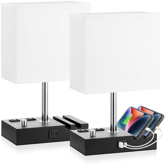 Main image of White Bedside Table Lamps Set of 2 - Dimmable, USB C+A, 2 AC Outlets Dimming By Rotary Knob, USB C+A Ports, 2 Phone Stands, LED Bulbs Included, Rectangle White Lampshade, for Living Room, Desk