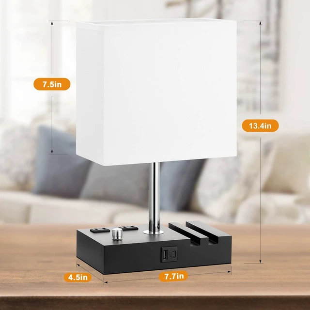 Alt view image 5 of 6 - White Bedside Table Lamps Set of 2 - Dimmable, USB C+A, 2 AC Outlets Dimming By Rotary Knob, USB C+A Ports, 2 Phone Stands, LED Bulbs Included, Rectangle White Lampshade, for Living Room, Desk