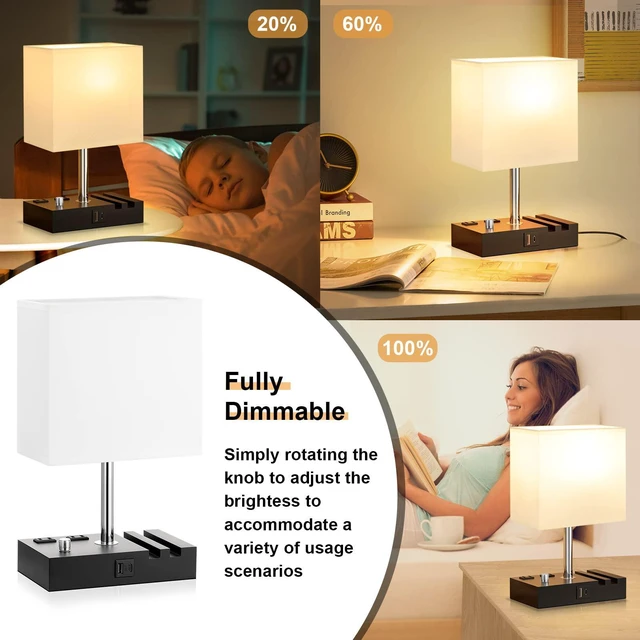 Alt view image 4 of 6 - White Bedside Table Lamps Set of 2 - Dimmable, USB C+A, 2 AC Outlets Dimming By Rotary Knob, USB C+A Ports, 2 Phone Stands, LED Bulbs Included, Rectangle White Lampshade, for Living Room, Desk