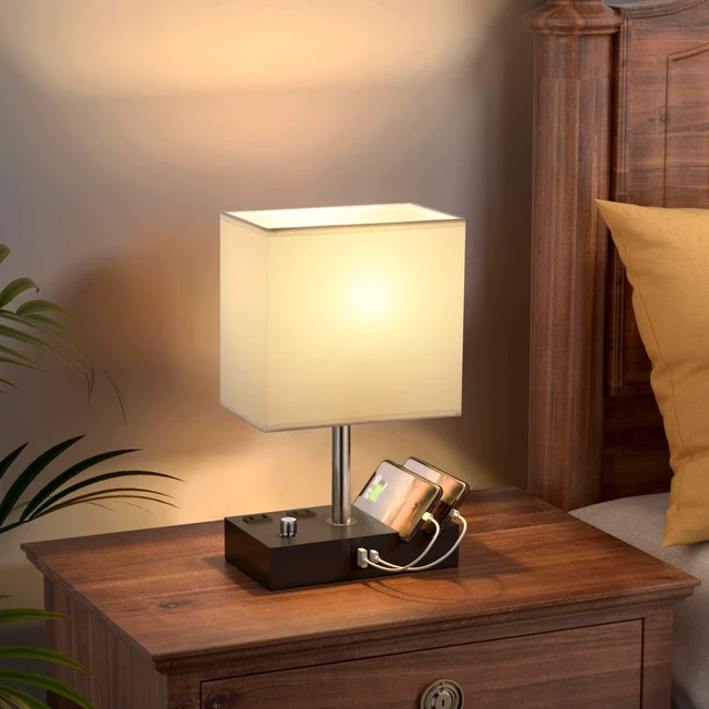 Alt view image 6 of 6 - White Bedside Table Lamps Set of 2 - Dimmable, USB C+A, 2 AC Outlets Dimming By Rotary Knob, USB C+A Ports, 2 Phone Stands, LED Bulbs Included, Rectangle White Lampshade, for Living Room, Desk