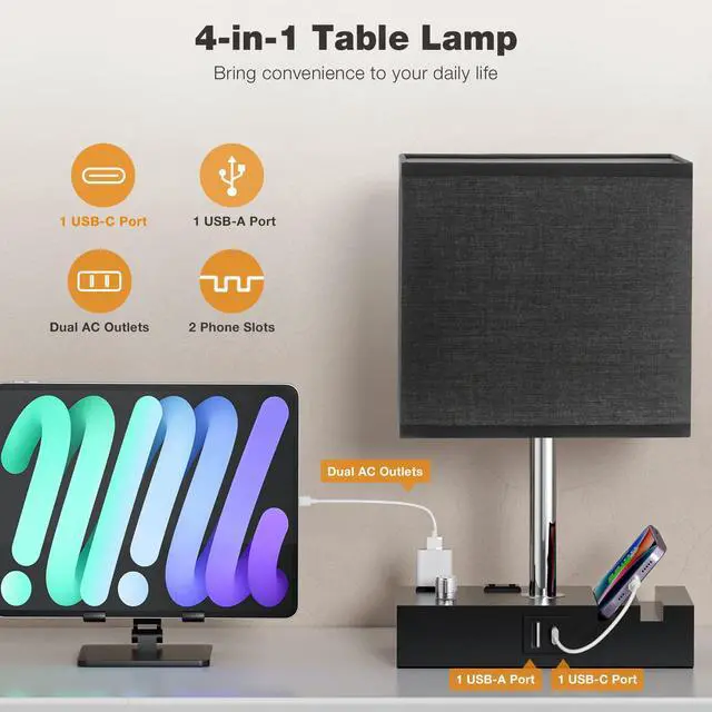 Alt view image 2 of 6 - Black Bedside Table Lamps Set of 2 - Dimmable, USB C+A, 2 AC Outlets Dimming By Rotary Knob, USB C+A Ports, 2 Phone Stands, LED Bulbs Included, Rectangle Black Lampshade, for Living Room, Desk