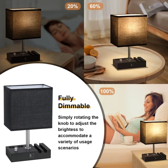 Alt view image 3 of 6 - Black Bedside Table Lamps Set of 2 - Dimmable, USB C+A, 2 AC Outlets Dimming By Rotary Knob, USB C+A Ports, 2 Phone Stands, LED Bulbs Included, Rectangle Black Lampshade, for Living Room, Desk