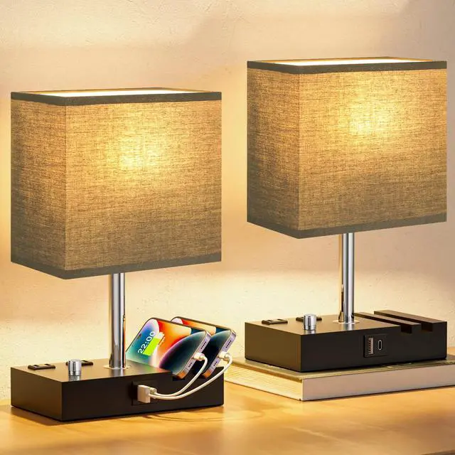 Alt view image 4 of 6 - Black Bedside Table Lamps Set of 2 - Dimmable, USB C+A, 2 AC Outlets Dimming By Rotary Knob, USB C+A Ports, 2 Phone Stands, LED Bulbs Included, Rectangle Black Lampshade, for Living Room, Desk