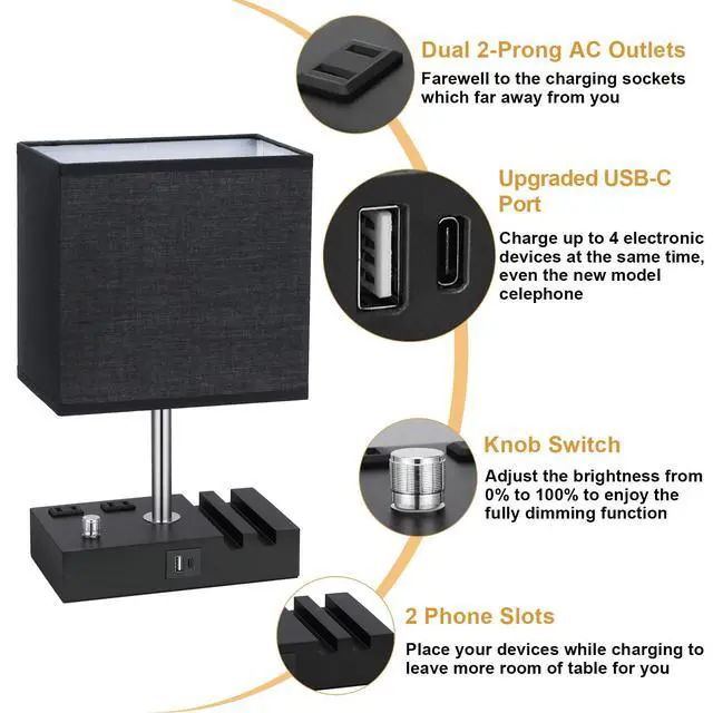 Alt view image 5 of 6 - Black Bedside Table Lamps Set of 2 - Dimmable, USB C+A, 2 AC Outlets Dimming By Rotary Knob, USB C+A Ports, 2 Phone Stands, LED Bulbs Included, Rectangle Black Lampshade, for Living Room, Desk