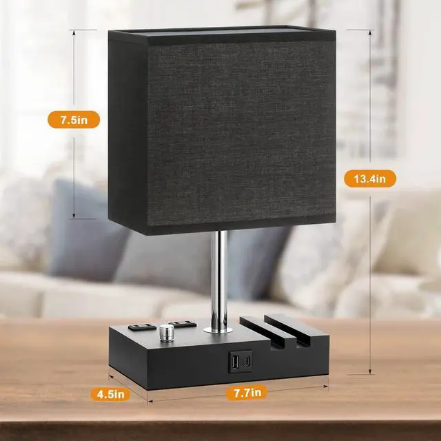 Alt view image 6 of 6 - Black Bedside Table Lamps Set of 2 - Dimmable, USB C+A, 2 AC Outlets Dimming By Rotary Knob, USB C+A Ports, 2 Phone Stands, LED Bulbs Included, Rectangle Black Lampshade, for Living Room, Desk