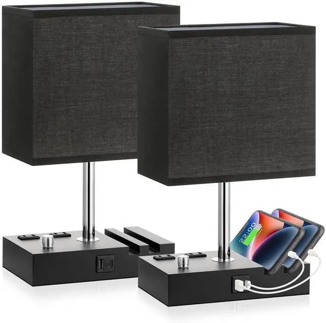 Main image of Black Bedside Table Lamps Set of 2 - Dimmable, USB C+A, 2 AC Outlets Dimming By Rotary Knob, USB C+A Ports, 2 Phone Stands, LED Bulbs Included, Rectangle Black Lampshade, for Living Room, Desk