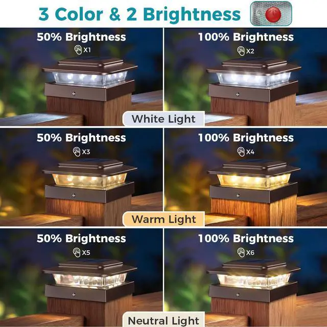 Alt view image 4 of 7 - 4x4 Solar Post Cap Lights Outdoor 16Pack- 3 Color Temperatures&2 Level Brightness, IP65 Waterproof, 16 LED Fence Deck Post Light Solar Powered Only for 4×4/3.5×3.5 Wood/Vinyl Posts(Brown)