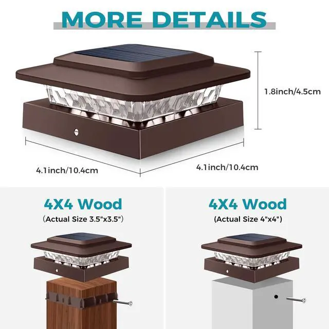 Alt view image 7 of 7 - 4x4 Solar Post Cap Lights Outdoor 16Pack- 3 Color Temperatures&2 Level Brightness, IP65 Waterproof, 16 LED Fence Deck Post Light Solar Powered Only for 4×4/3.5×3.5 Wood/Vinyl Posts(Brown)