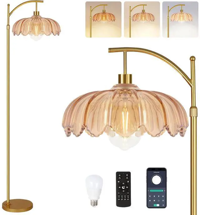 Main image of Glass Floor Lamp for Living Room,Bedroom,Gold Dimmable Standing Lamp with Remote,Mid Century Modern Brass Tall Lamp Boho Floor Lamps Arc Stained Flower Floor Light Lamp Bohemian
