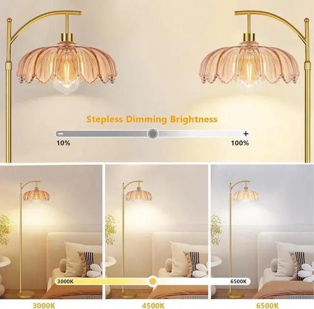 Alt view image 2 of 7 - Glass Floor Lamp for Living Room,Bedroom,Gold Dimmable Standing Lamp with Remote,Mid Century Modern Brass Tall Lamp Boho Floor Lamps Arc Stained Flower Floor Light Lamp Bohemian