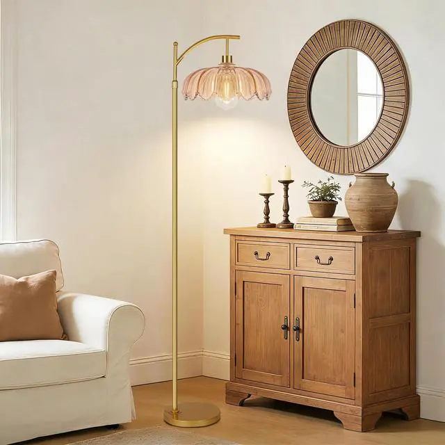 Alt view image 3 of 7 - Glass Floor Lamp for Living Room,Bedroom,Gold Dimmable Standing Lamp with Remote,Mid Century Modern Brass Tall Lamp Boho Floor Lamps Arc Stained Flower Floor Light Lamp Bohemian
