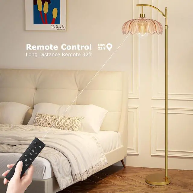 Alt view image 4 of 7 - Glass Floor Lamp for Living Room,Bedroom,Gold Dimmable Standing Lamp with Remote,Mid Century Modern Brass Tall Lamp Boho Floor Lamps Arc Stained Flower Floor Light Lamp Bohemian