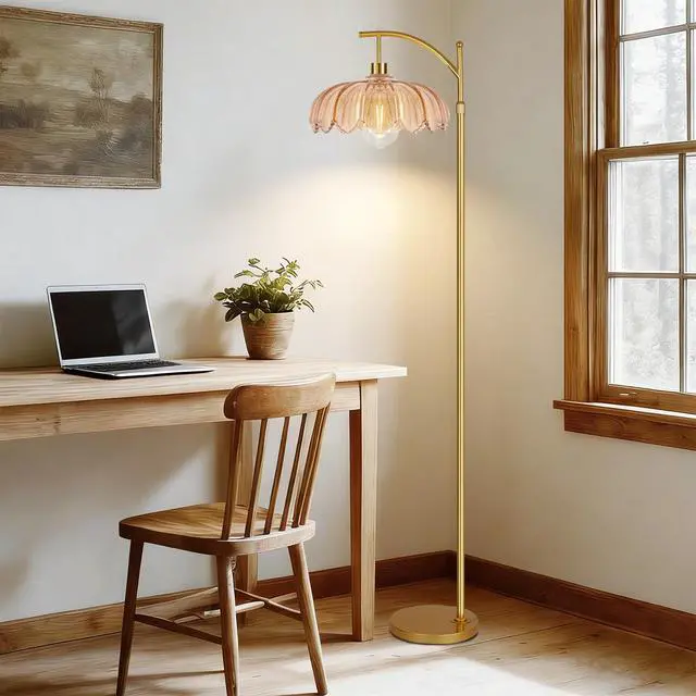 Alt view image 6 of 7 - Glass Floor Lamp for Living Room,Bedroom,Gold Dimmable Standing Lamp with Remote,Mid Century Modern Brass Tall Lamp Boho Floor Lamps Arc Stained Flower Floor Light Lamp Bohemian