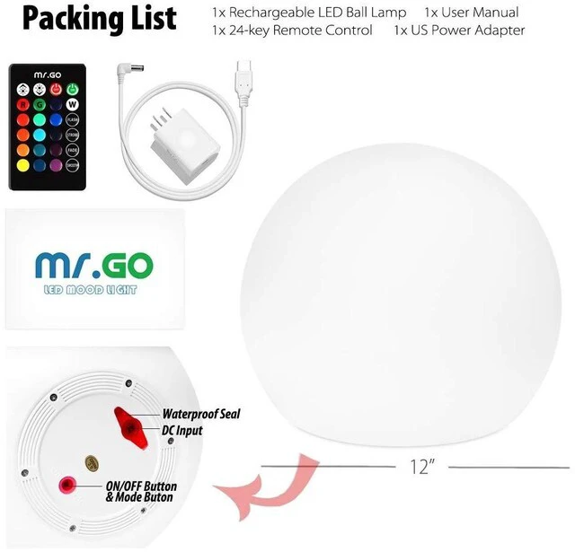 Alt view image 6 of 7 - Rechargeable LED Ball Light 12", RGB Color-Changing Globe Orb Lamp Dimmable Sphere Nightlight with Remote, Relax Mood Lighting for Home Kids Room Bedroom Bar Table Patio Pool Party Decoration