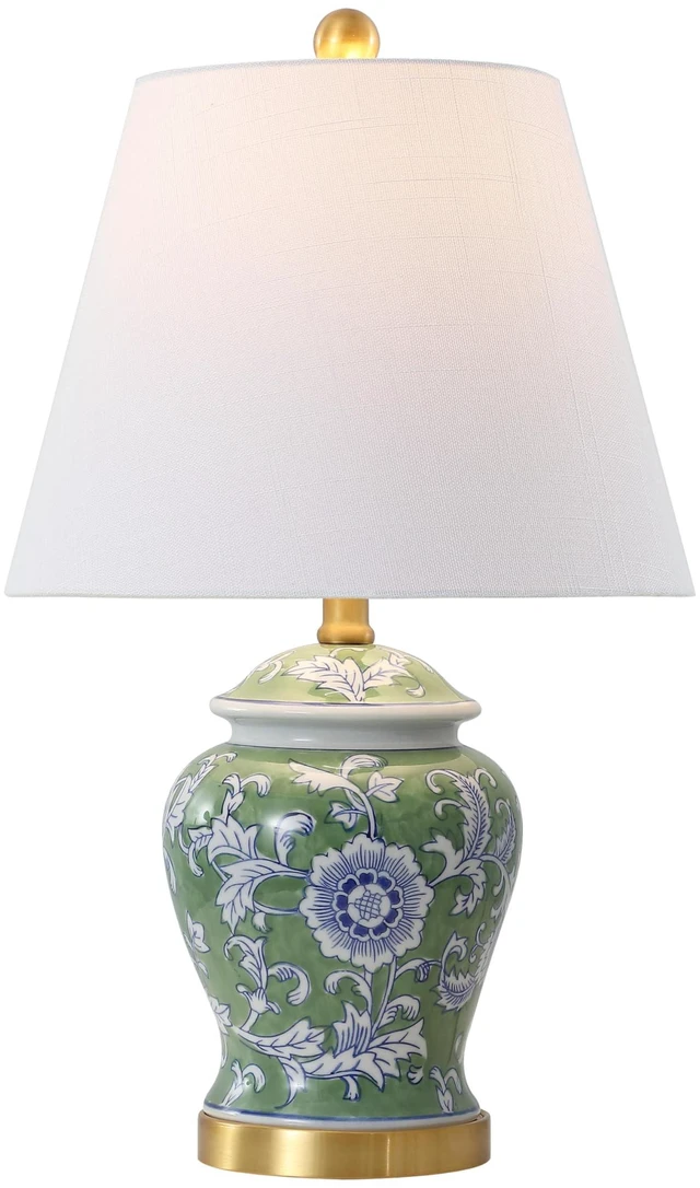 Main image of Penelope Ginger Jar 22" LED Table Lamp, Green/White Chinoiserie, Ceramic Metal Construction, French Country Traditional, Linen Empire Shade, Brass Gold, LED Bulb Included