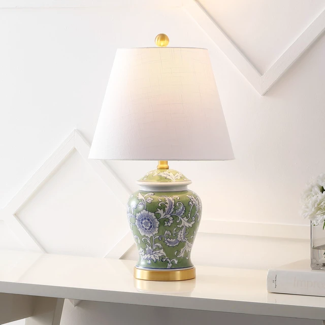 Alt view image 2 of 6 - Penelope Ginger Jar 22" LED Table Lamp, Green/White Chinoiserie, Ceramic Metal Construction, French Country Traditional, Linen Empire Shade, Brass Gold, LED Bulb Included