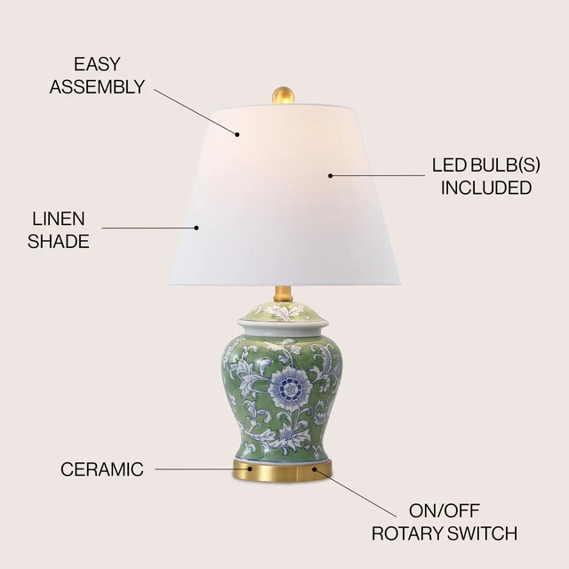 Alt view image 3 of 6 - Penelope Ginger Jar 22" LED Table Lamp, Green/White Chinoiserie, Ceramic Metal Construction, French Country Traditional, Linen Empire Shade, Brass Gold, LED Bulb Included