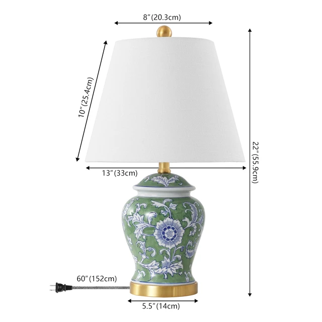 Alt view image 4 of 6 - Penelope Ginger Jar 22" LED Table Lamp, Green/White Chinoiserie, Ceramic Metal Construction, French Country Traditional, Linen Empire Shade, Brass Gold, LED Bulb Included