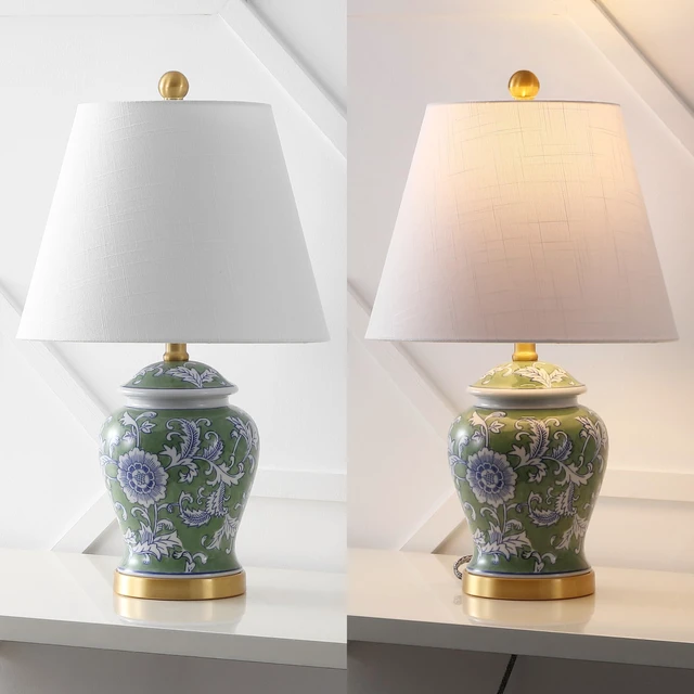 Alt view image 5 of 6 - Penelope Ginger Jar 22" LED Table Lamp, Green/White Chinoiserie, Ceramic Metal Construction, French Country Traditional, Linen Empire Shade, Brass Gold, LED Bulb Included
