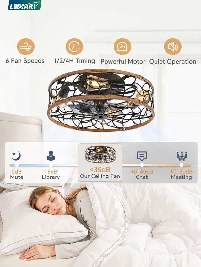 Alt view image 2 of 7 - Caged Ceiling Fan with Light, Flush Mount Fandalier with Remote Low Profile, Farmhouse Small, Bladeless Industrial, Quiet DC Motor, App Control for Bedroom, Kitchen, Dining Room, Walnut