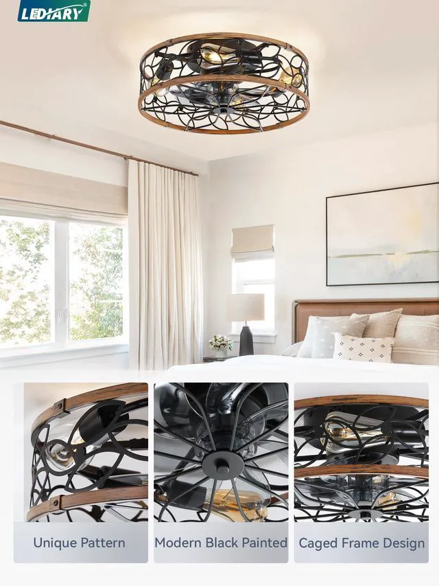 Alt view image 3 of 7 - Caged Ceiling Fan with Light, Flush Mount Fandalier with Remote Low Profile, Farmhouse Small, Bladeless Industrial, Quiet DC Motor, App Control for Bedroom, Kitchen, Dining Room, Walnut