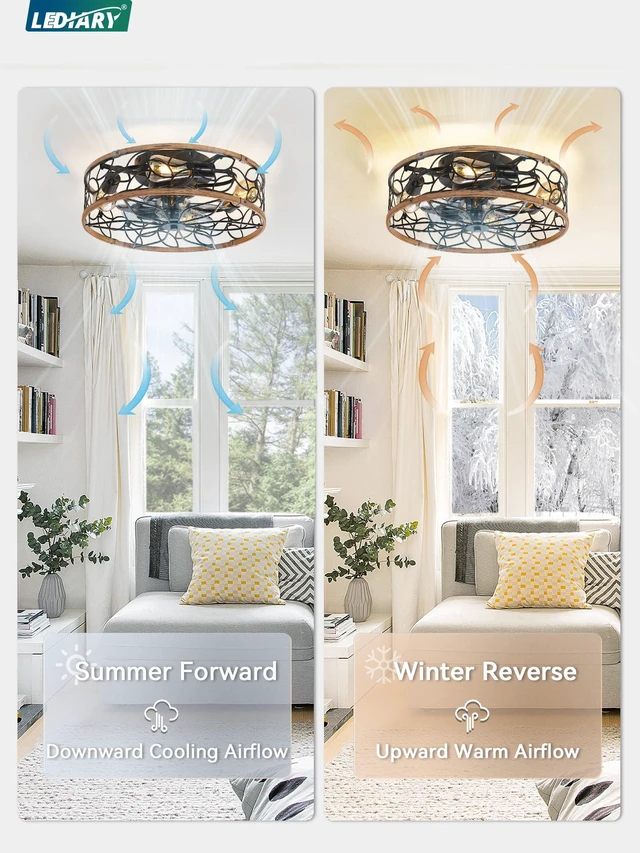 Alt view image 4 of 7 - Caged Ceiling Fan with Light, Flush Mount Fandalier with Remote Low Profile, Farmhouse Small, Bladeless Industrial, Quiet DC Motor, App Control for Bedroom, Kitchen, Dining Room, Walnut