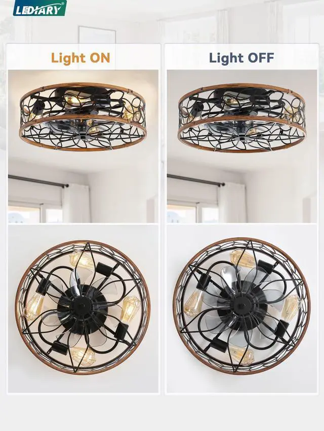 Alt view image 6 of 7 - Caged Ceiling Fan with Light, Flush Mount Fandalier with Remote Low Profile, Farmhouse Small, Bladeless Industrial, Quiet DC Motor, App Control for Bedroom, Kitchen, Dining Room, Walnut