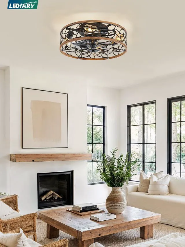 Alt view image 7 of 7 - Caged Ceiling Fan with Light, Flush Mount Fandalier with Remote Low Profile, Farmhouse Small, Bladeless Industrial, Quiet DC Motor, App Control for Bedroom, Kitchen, Dining Room, Walnut