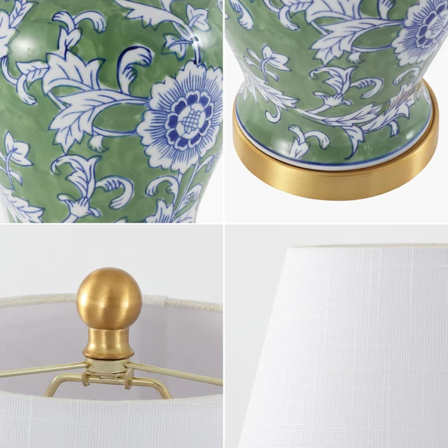 Alt view image 6 of 6 - Penelope Ginger Jar 22" LED Table Lamp, Green/White Chinoiserie, Ceramic Metal Construction, French Country Traditional, Linen Empire Shade, Brass Gold, LED Bulb Included