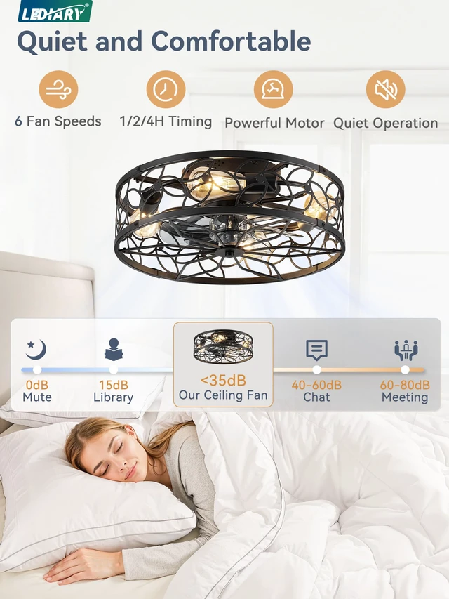 Alt view image 2 of 7 - Caged Ceiling Fan with Light, Flush Mount Fandalier with Remote Low Profile, Farmhouse Small, Bladeless Industrial, Quiet DC Motor, App Control for Bedroom, Kitchen, Dining Room, Black