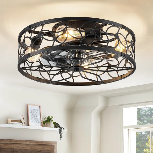 Main image of Caged Ceiling Fan with Light, Flush Mount Fandalier with Remote Low Profile, Farmhouse Small, Bladeless Industrial, Quiet DC Motor, App Control for Bedroom, Kitchen, Dining Room, Black