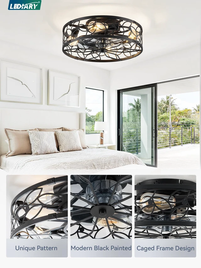 Alt view image 3 of 7 - Caged Ceiling Fan with Light, Flush Mount Fandalier with Remote Low Profile, Farmhouse Small, Bladeless Industrial, Quiet DC Motor, App Control for Bedroom, Kitchen, Dining Room, Black