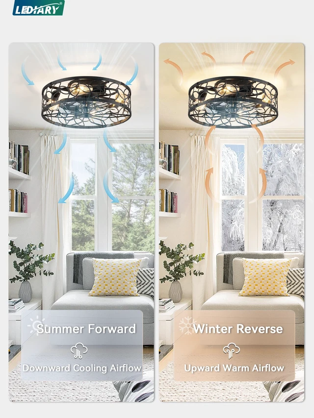Alt view image 4 of 7 - Caged Ceiling Fan with Light, Flush Mount Fandalier with Remote Low Profile, Farmhouse Small, Bladeless Industrial, Quiet DC Motor, App Control for Bedroom, Kitchen, Dining Room, Black