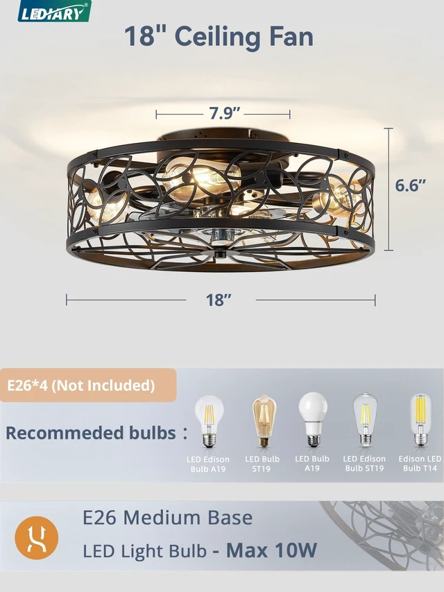 Alt view image 5 of 7 - Caged Ceiling Fan with Light, Flush Mount Fandalier with Remote Low Profile, Farmhouse Small, Bladeless Industrial, Quiet DC Motor, App Control for Bedroom, Kitchen, Dining Room, Walnut