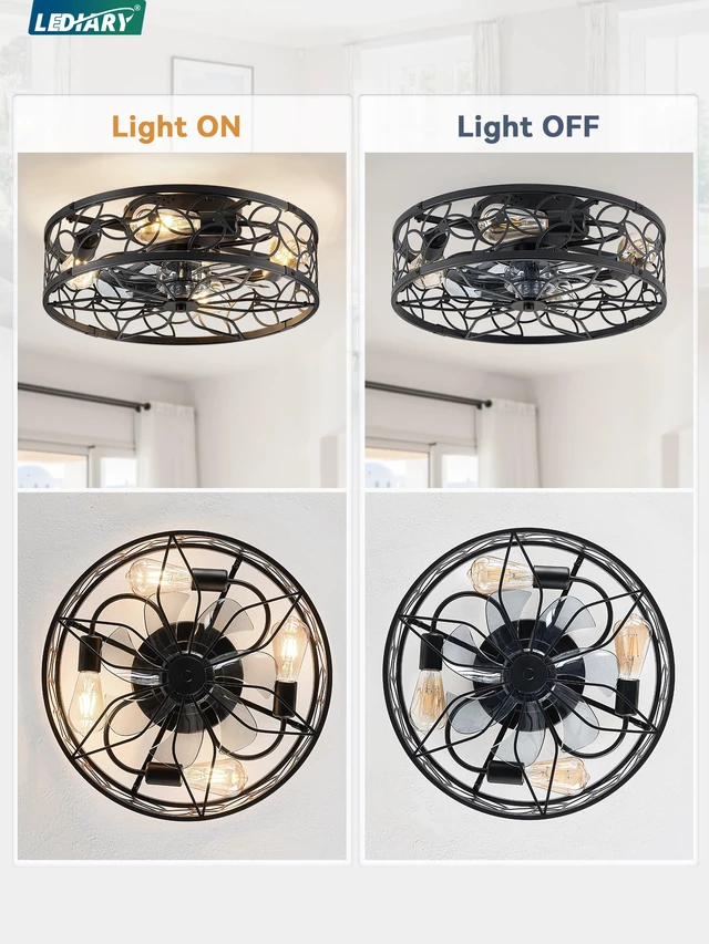 Alt view image 6 of 7 - Caged Ceiling Fan with Light, Flush Mount Fandalier with Remote Low Profile, Farmhouse Small, Bladeless Industrial, Quiet DC Motor, App Control for Bedroom, Kitchen, Dining Room, Black