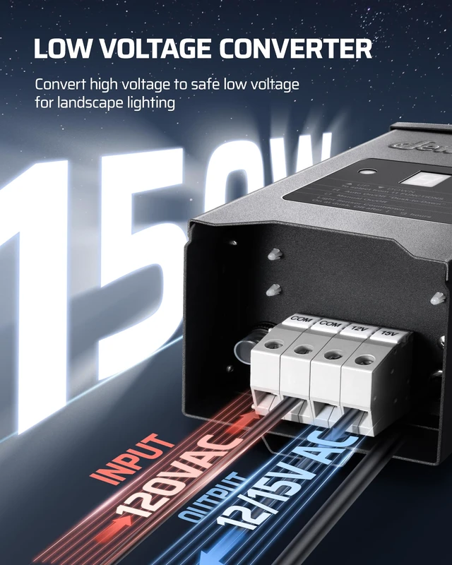 Alt view image 2 of 7 - 150W Low Voltage Landscape Lighting Transformer 120V to 12/15V AC, Metal Shield, Photocell & Timer, Weatherproof Landscape Lighting Transformer for Outdoor Lighting