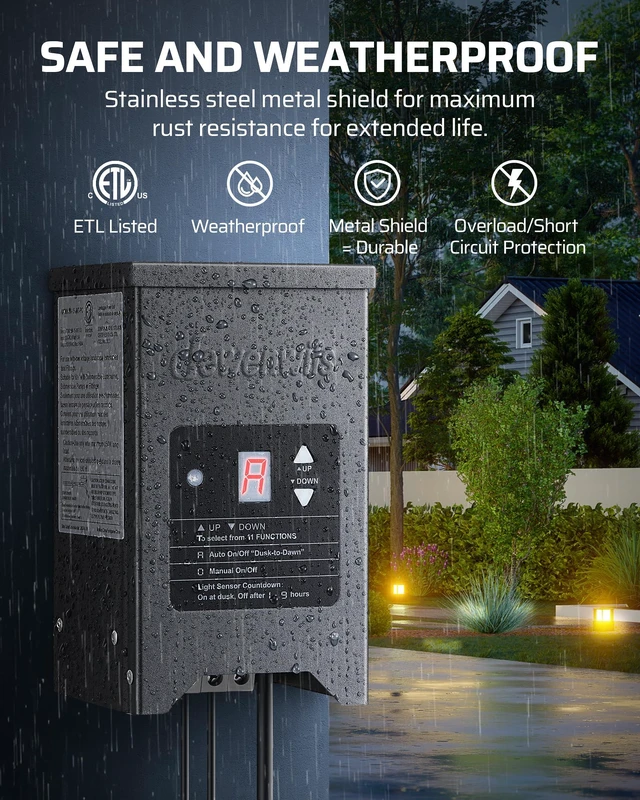 Alt view image 6 of 7 - 150W Low Voltage Landscape Lighting Transformer 120V to 12/15V AC, Metal Shield, Photocell & Timer, Weatherproof Landscape Lighting Transformer for Outdoor Lighting