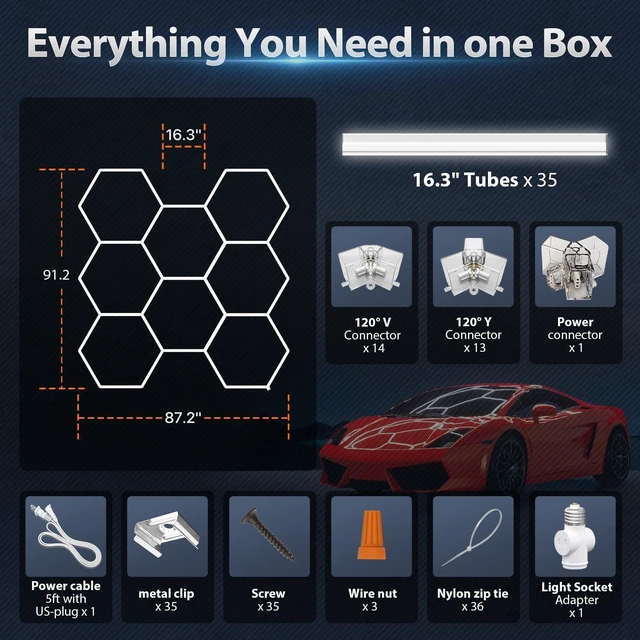 Alt view image 6 of 7 - Hexagon Garage Lights: 245W 35 Pack 8 Grids LED Garage Lights - Easy Install 6500K Super Bright Honeycomb Light for Warehouse, Car Detailing Shop, Exhibition Hall, Gym