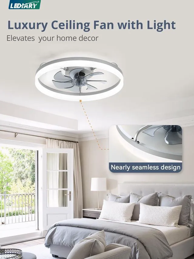Alt view image 2 of 7 - 20" Low Profile Ceiling Fans with Lights, APP & Remote, Grey Flush Mount, Dimmable LED, Quiet DC Motor, Reversible, 6 Speeds, Fandelier, for Bedroom