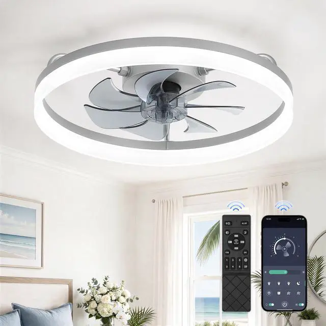 Main image of 20" Low Profile Ceiling Fans with Lights, APP & Remote, Grey Flush Mount, Dimmable LED, Quiet DC Motor, Reversible, 6 Speeds, Fandelier, for Bedroom