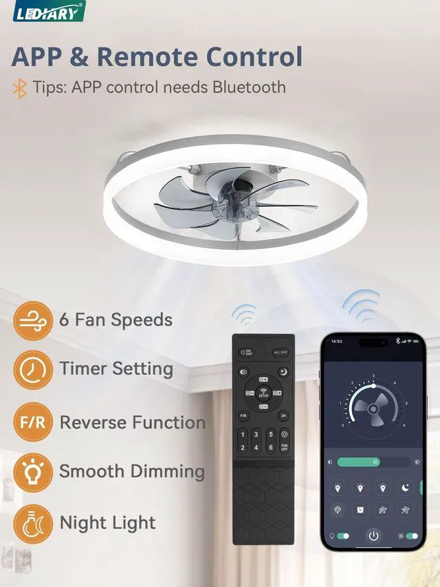 Alt view image 4 of 7 - 20" Low Profile Ceiling Fans with Lights, APP & Remote, Grey Flush Mount, Dimmable LED, Quiet DC Motor, Reversible, 6 Speeds, Fandelier, for Bedroom
