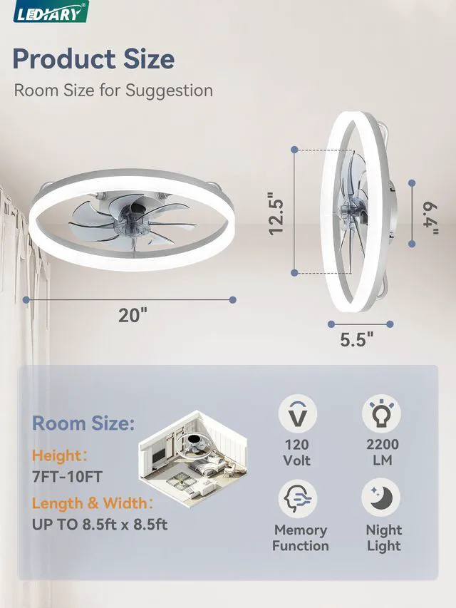 Alt view image 7 of 7 - 20" Low Profile Ceiling Fans with Lights, APP & Remote, Grey Flush Mount, Dimmable LED, Quiet DC Motor, Reversible, 6 Speeds, Fandelier, for Bedroom