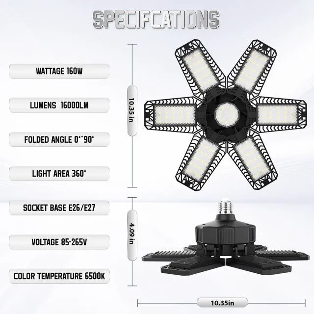Alt view image 4 of 7 - Garage Lights 8 Pack 160W, 16000LM LED Garage Lights with 6+1 Deformable Panels 6500K Screw in LED Shop Lighting for Workshop, Basement Support E26/E27